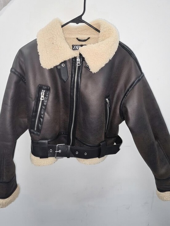 Zara Jackets & Blazers - Zara Dark Brown Shearling-Trim Leather Aviator Jacket